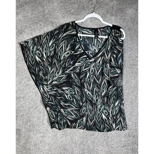 Bisou Bisou Michele‎ Bohbot Sheer Vintage Feather Print Top Womens Large V-Neck